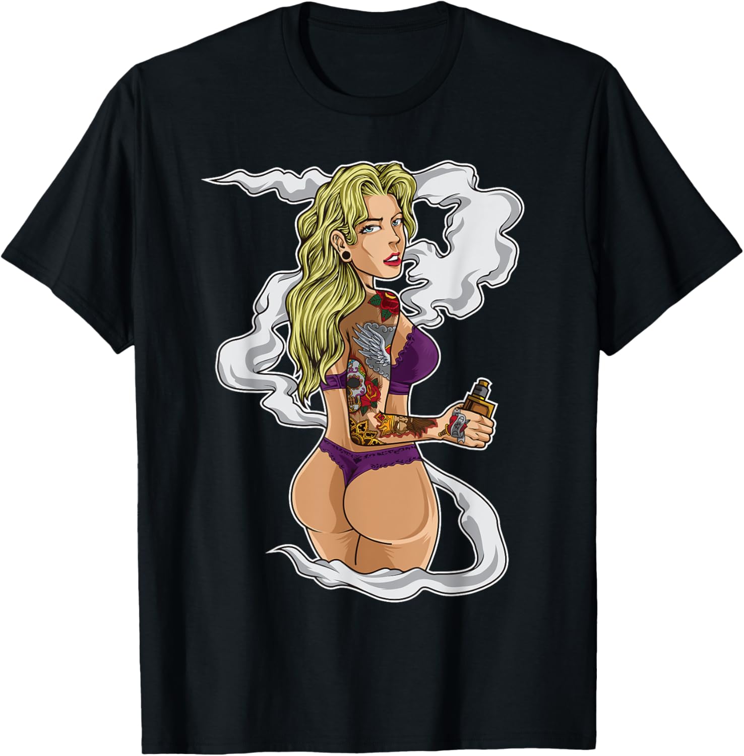 Vaping Shop - เสื้อยืดลายกราฟิกสาวสูบบุหรี่ไฟฟ้า เสื้อยืดผู้ชายลำลองผ้าฝ้าย