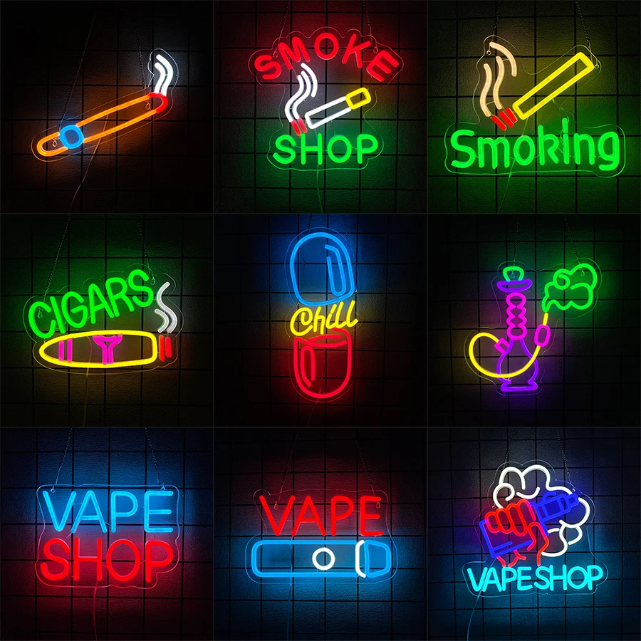 Vaping Shop - ป้ายไฟ LED USB สว่างสดใสสำหรับร้านสูบบุหรี่หรือร้านขายบุหรี่ไฟฟ้า ป้ายนีออนสำหรับบาร์ ร้านขายอุปกรณ์สูบบุหรี่